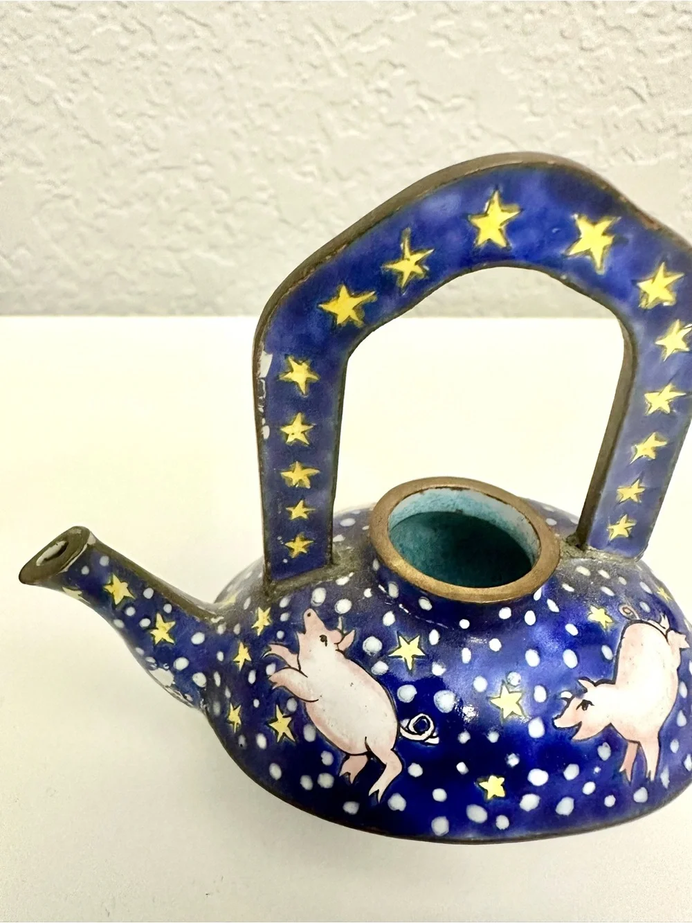 Vintage Redfern House Enamel Mini Teapot-Featuring Flying Pigs, Snow, Stars
